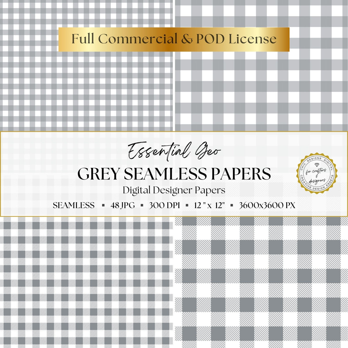 Grey and white gingham check seamless digital paper designs