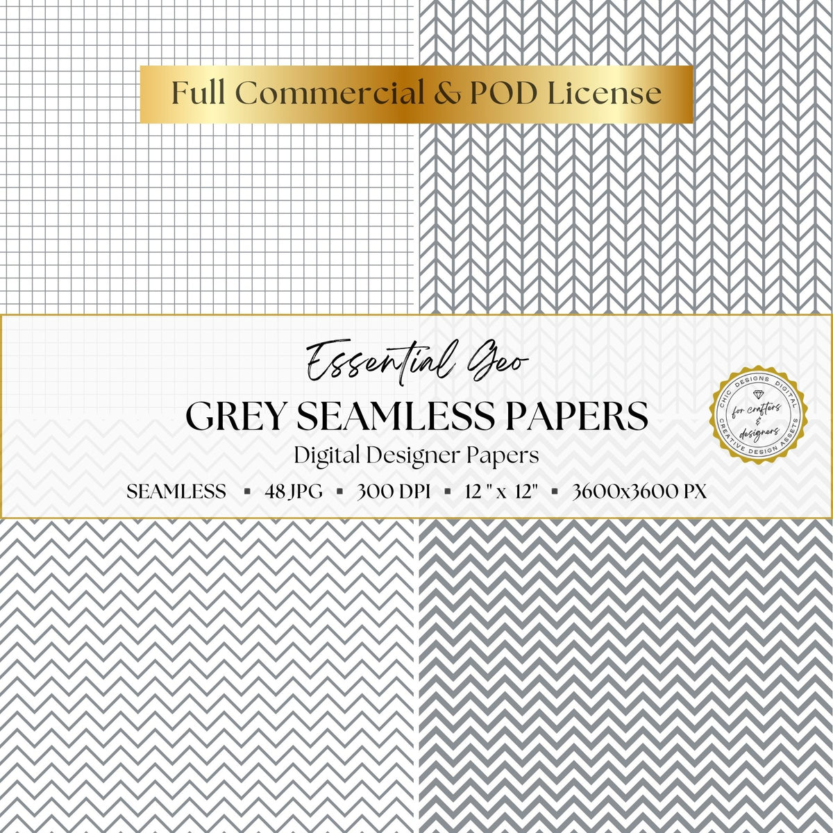Grey grid and chevron seamless geometric digital paper patterns