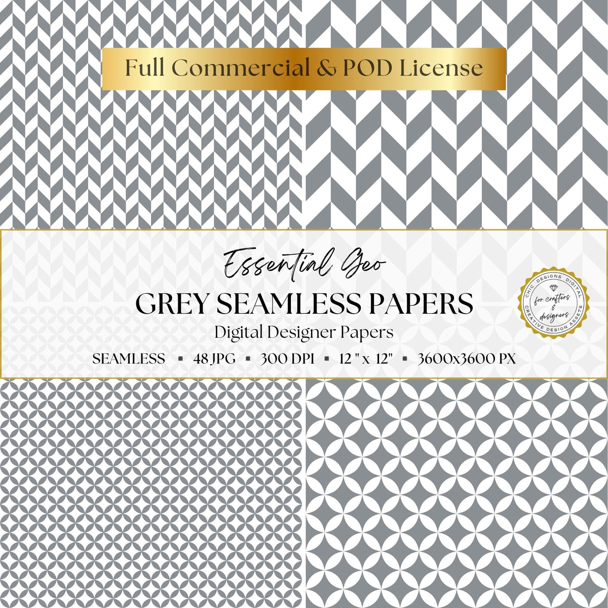 Grey chevron and circular geometric seamless digital paper designs
