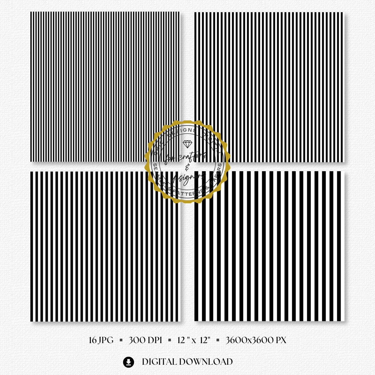 Four black and white fine stripe papers showing narrow straight vertical stripe variations.