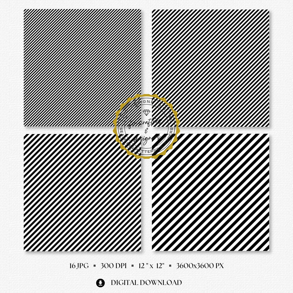 Four black and white fine stripe papers showing narrow diagonal stripe variations.