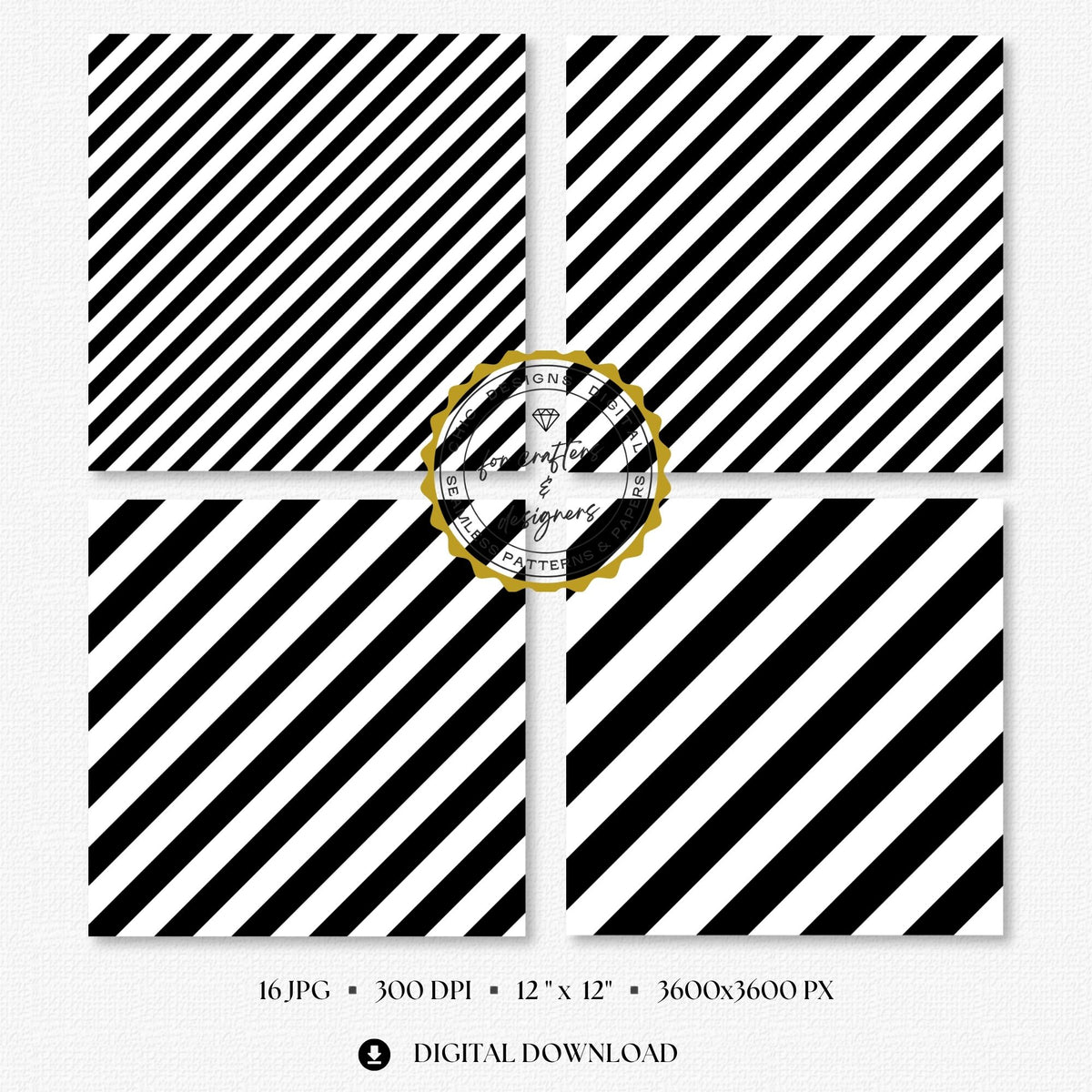 Four black and white stripe papers showing medium and wide diagonal stripe variations.