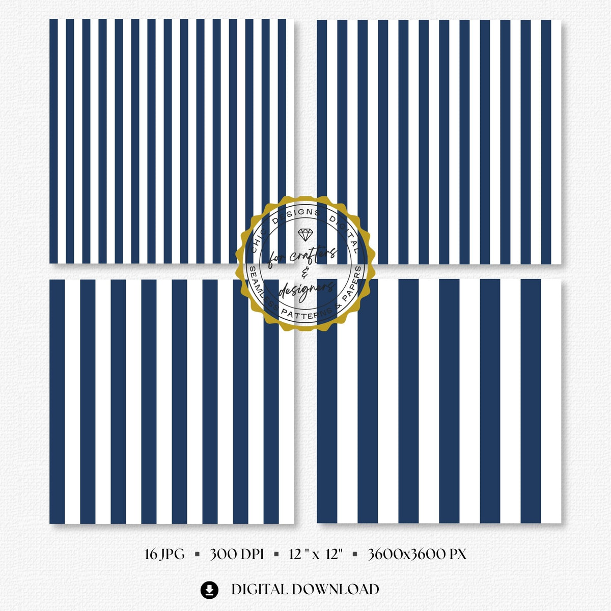 Four navy and white stripe papers showing medium and wide straight vertical stripe variations.