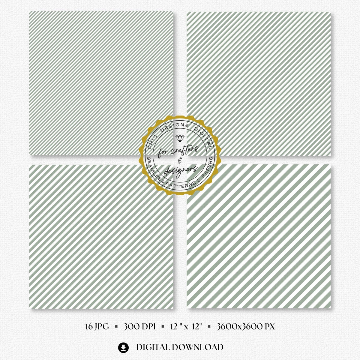 Four sage green and white fine stripe papers showing narrow diagonal stripe variations.
