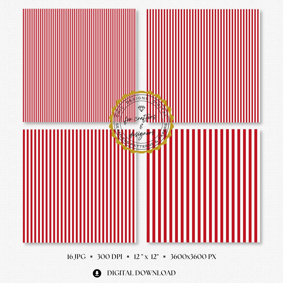 Four red and white fine stripe papers showing narrow straight vertical stripe variations.