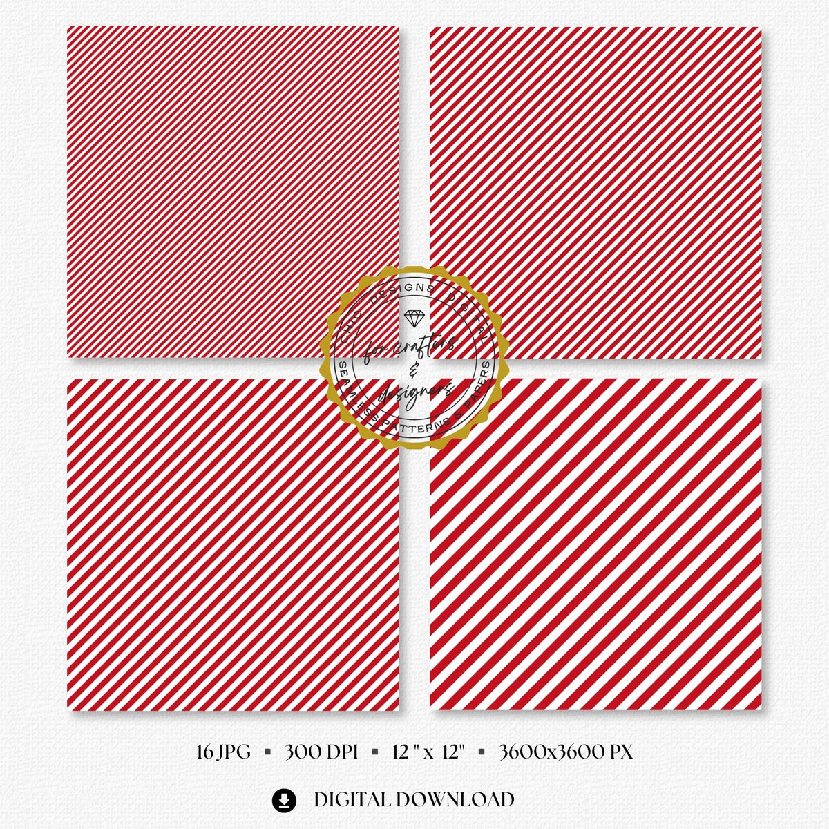 Four red and white fine stripe papers showing narrow diagonal stripe variations.
