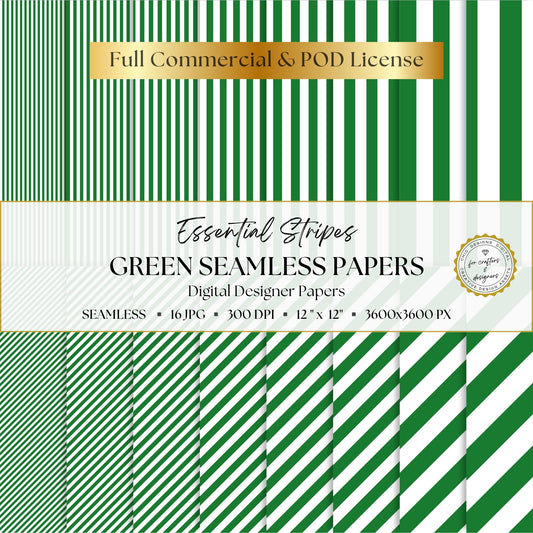 Green Essential Stripes digital paper pack cover showing 16 green and white seamless stripe patterns in straight and diagonal designs.