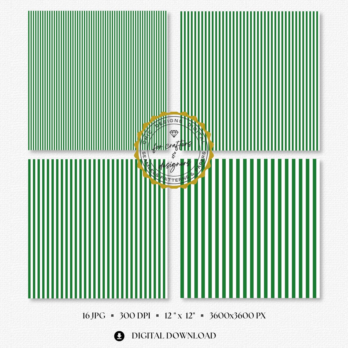 Four green and white fine stripe papers showing narrow straight vertical stripe variations.