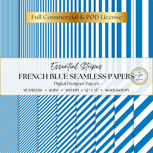 French Blue Essential Stripes digital paper pack cover showing 16 blue and white seamless stripe patterns in straight and diagonal designs.