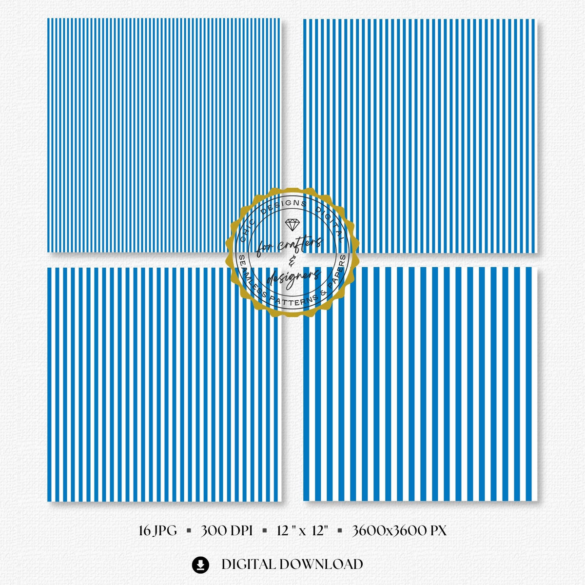 Four French blue and white fine stripe papers showing narrow straight vertical stripe variations.