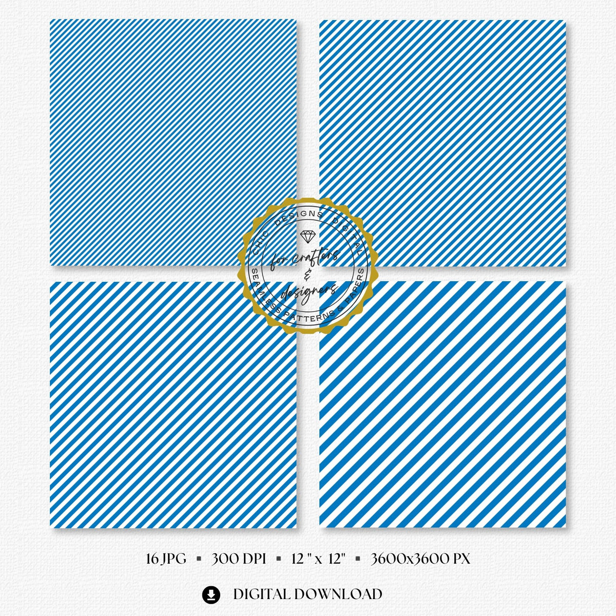 Four French blue and white fine stripe papers showing narrow diagonal stripe variations.