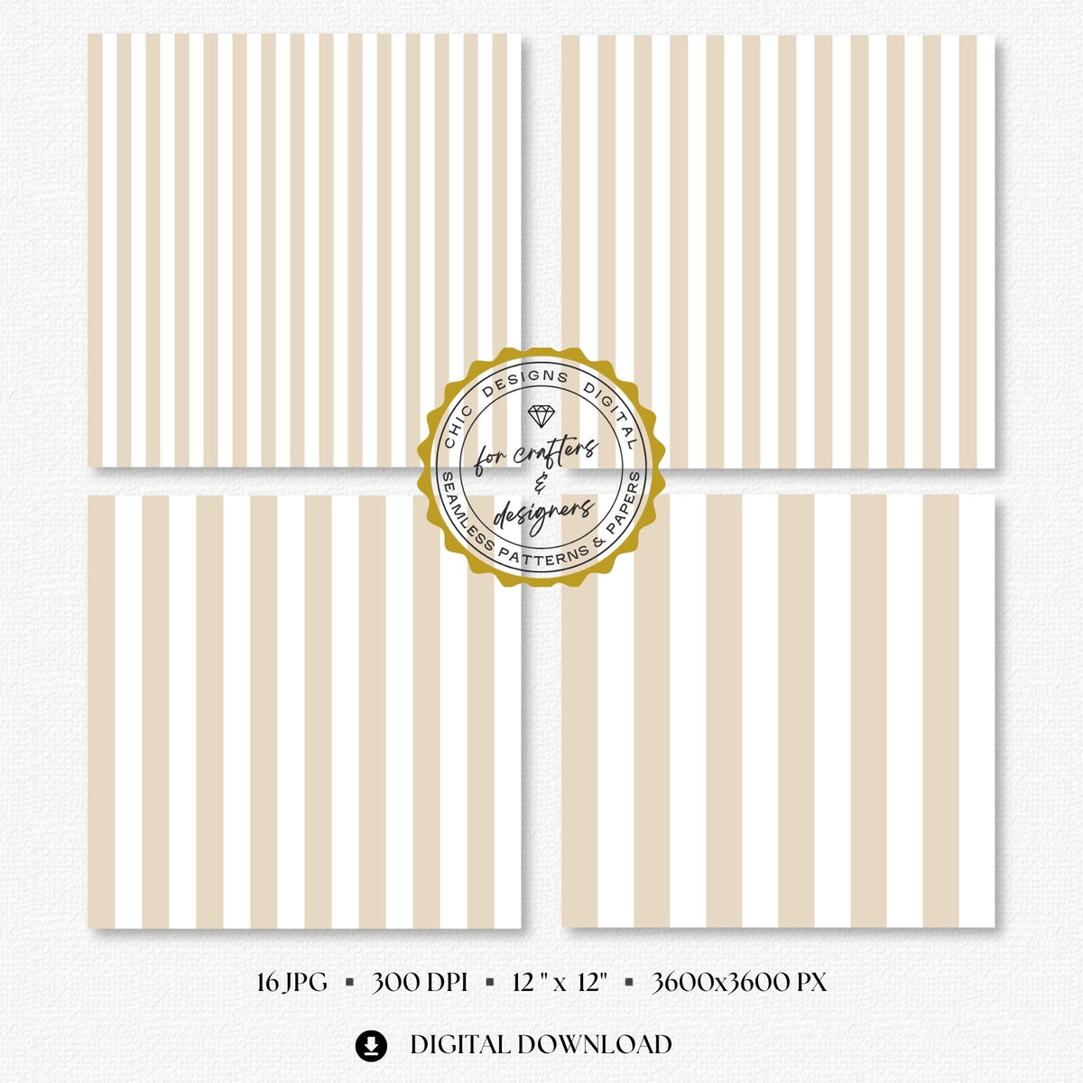 Four cream and white stripe papers showing medium and wide straight vertical stripe variations.
