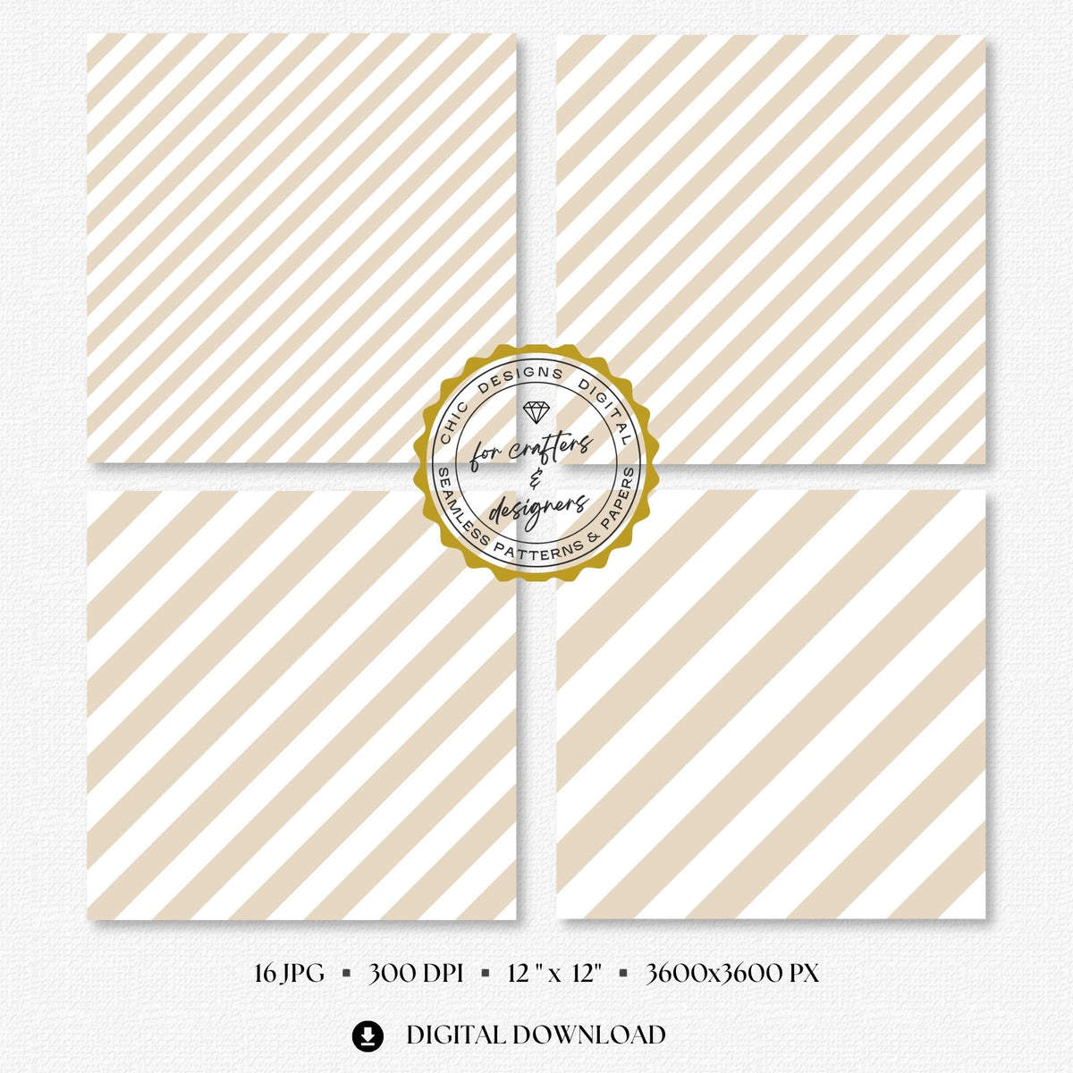Four cream and white stripe papers showing medium and wide diagonal stripe variations.