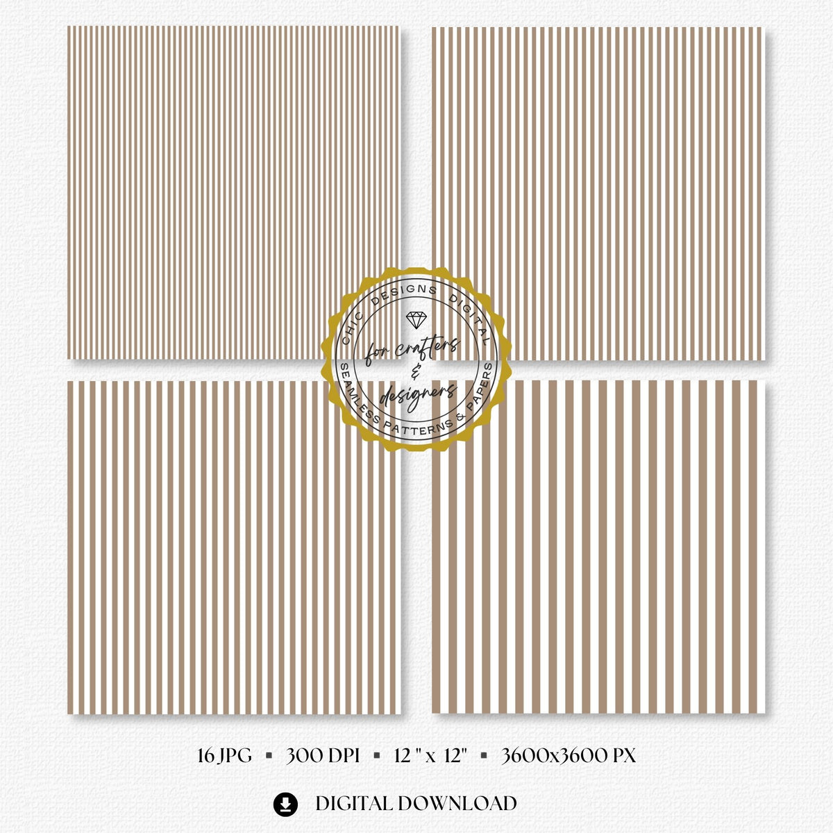 Four greige and white fine stripe papers showing narrow straight vertical stripe variations.