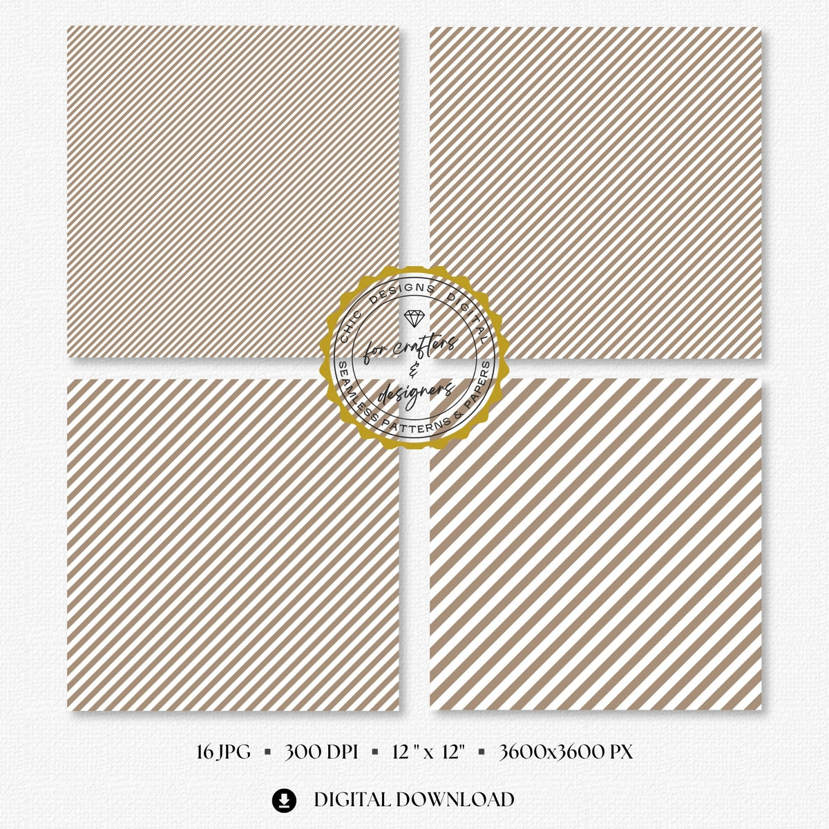Four greige and white fine stripe papers showing narrow diagonal stripe variations.
