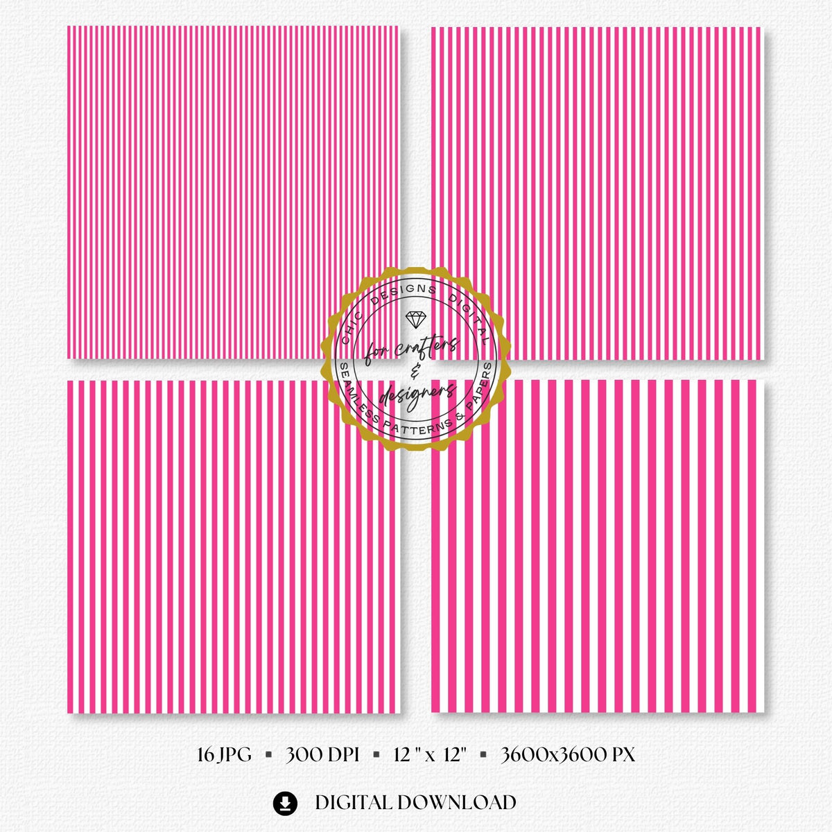 Hot pink and white seamless stripe digital papers showing a coordinated mix of narrow, medium and wide straight stripe patterns for crafts and stationery.