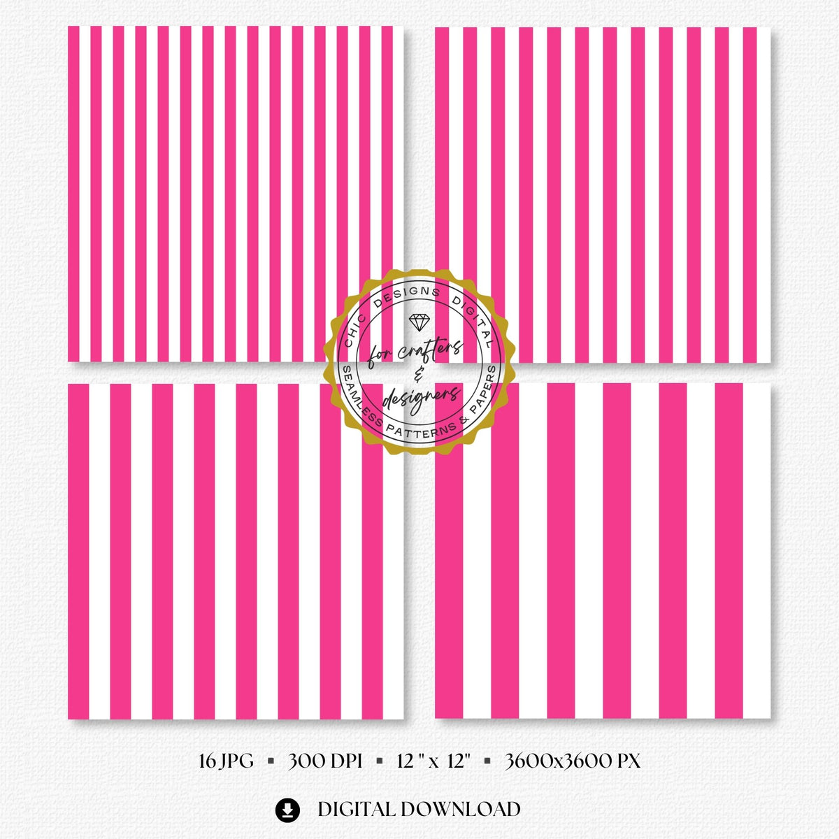 Bright pink and white diagonal stripe digital papers in varied widths, part of the 16-pattern Essential Stripes seamless paper pack.