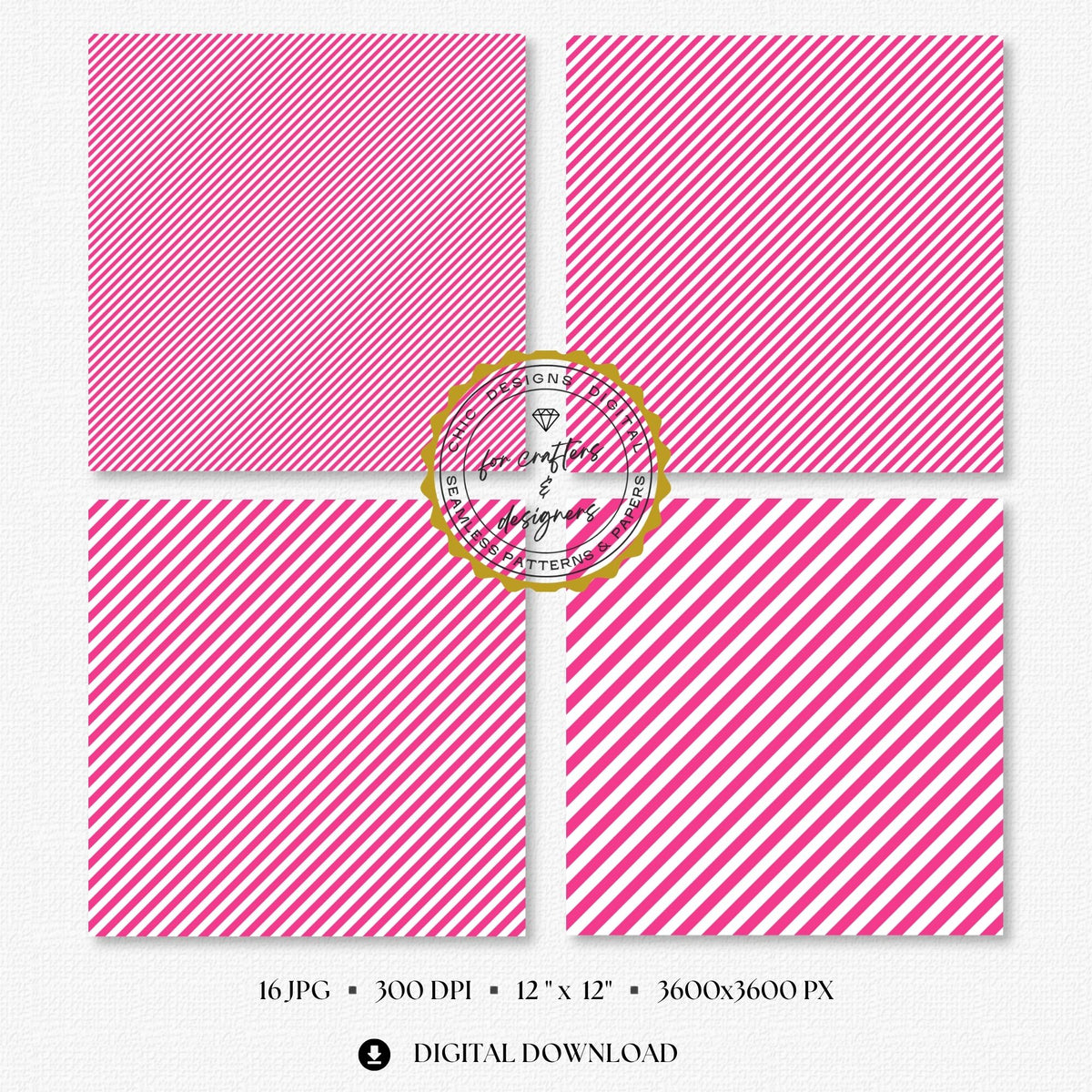 Selection of bold hot pink and white seamless stripe backgrounds designed for scrapbooking, card making, planners, labels and printable paper crafts.