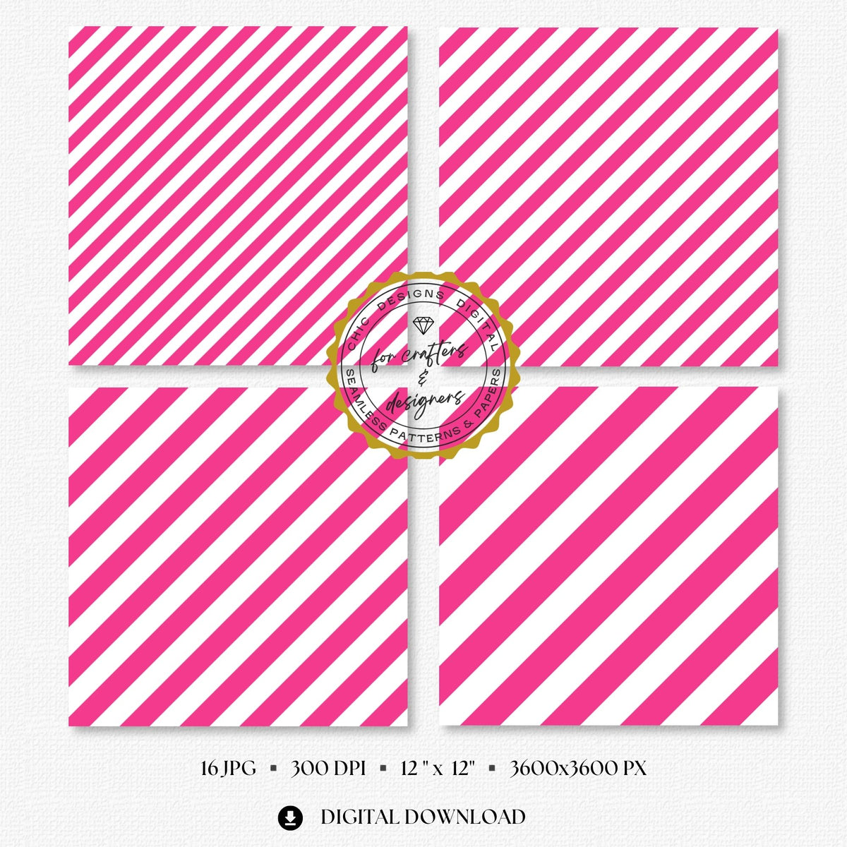 Fine to broad bright pink stripe patterns with clean white spacing, supplied as seamless 12x12 inch JPG digital papers at 300 DPI.
