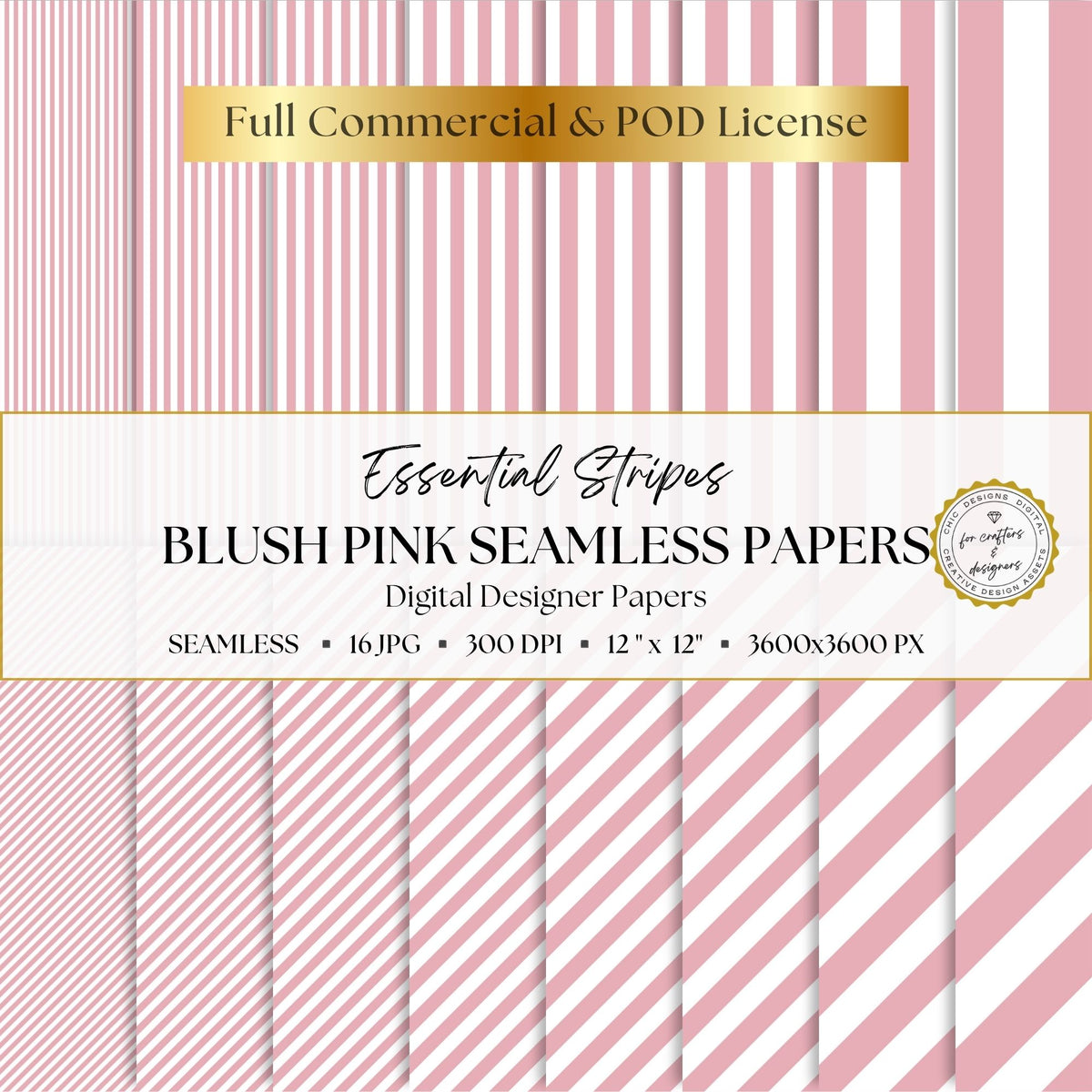 Blush pink and white Essential Stripes digital paper pack with 16 seamless straight and diagonal stripe patterns in widths from fine pinstripes to broad bands.