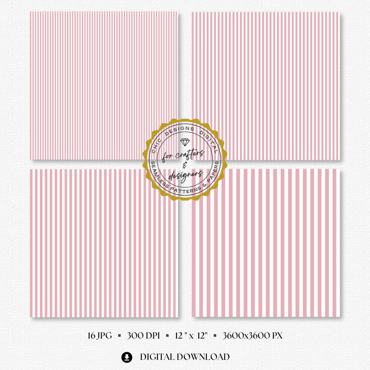 Dusty blush pink and white seamless stripe digital papers showing a coordinated mix of narrow, medium and wide straight stripe patterns for crafts and stationery.