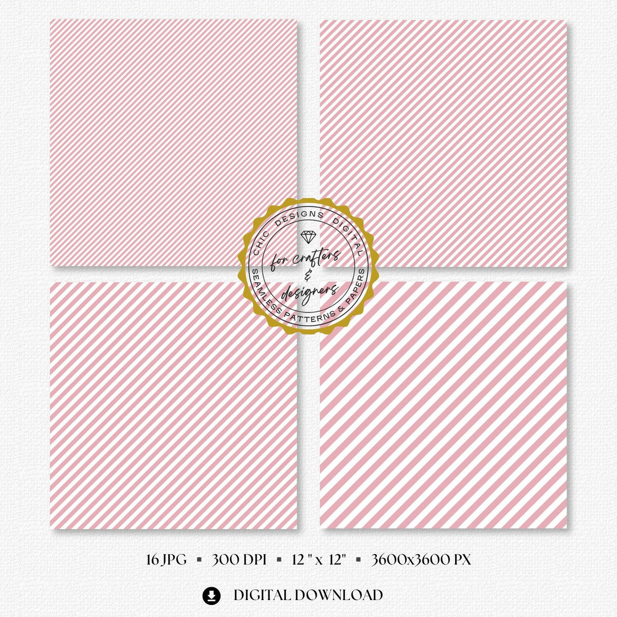 Selection of muted blush pink and white seamless stripe backgrounds designed for scrapbooking, card making, planners, labels and printable paper crafts.