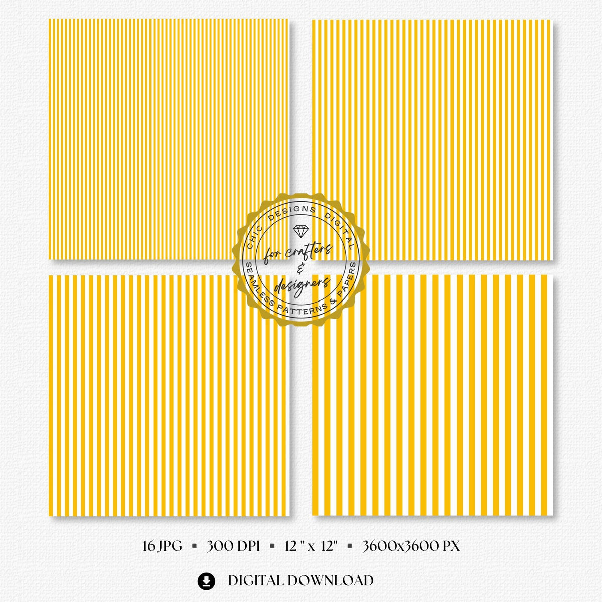 Golden yellow and white seamless stripe digital papers showing a coordinated mix of narrow, medium and wide straight stripe patterns for crafts and stationery.