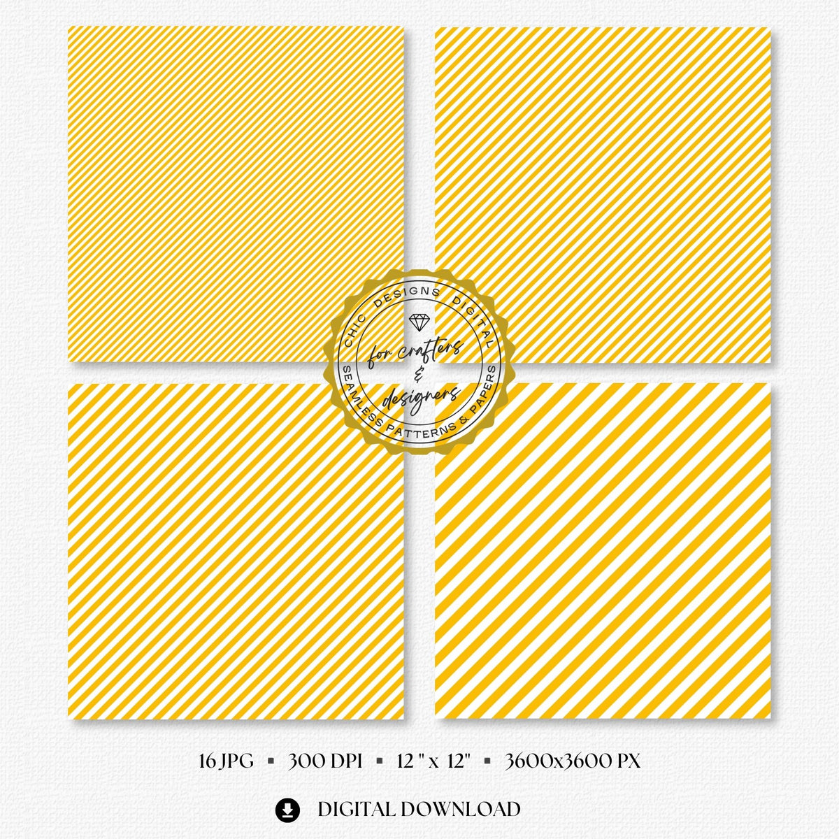 Selection of warm yellow and white seamless stripe backgrounds designed for scrapbooking, card making, planners, labels and printable paper crafts.