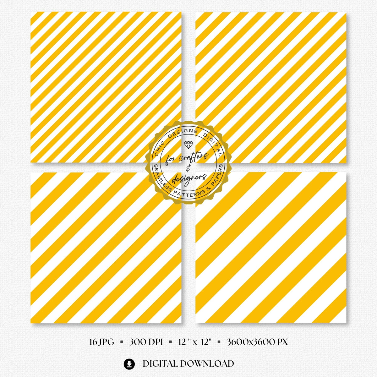 Fine to broad golden yellow stripe patterns with clean white spacing, supplied as seamless 12x12 inch JPG digital papers at 300 DPI.