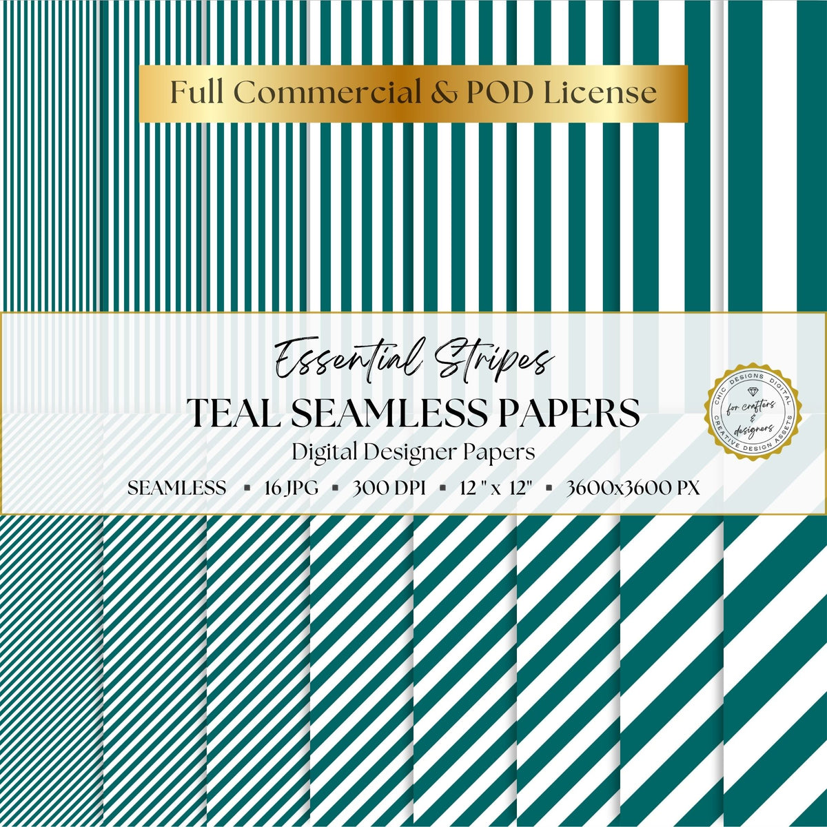 Teal and white Essential Stripes digital paper pack with 16 seamless straight and diagonal stripe patterns in widths from fine pinstripes to broad bands.