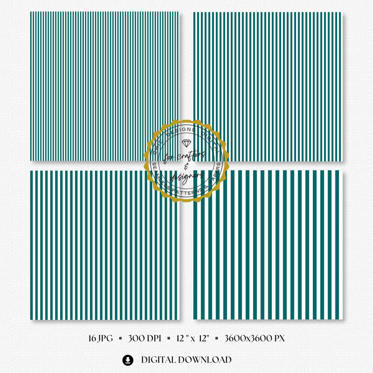 Rich teal and white seamless stripe digital papers showing a coordinated mix of narrow, medium and wide straight stripe patterns for stationery and layered crafts.