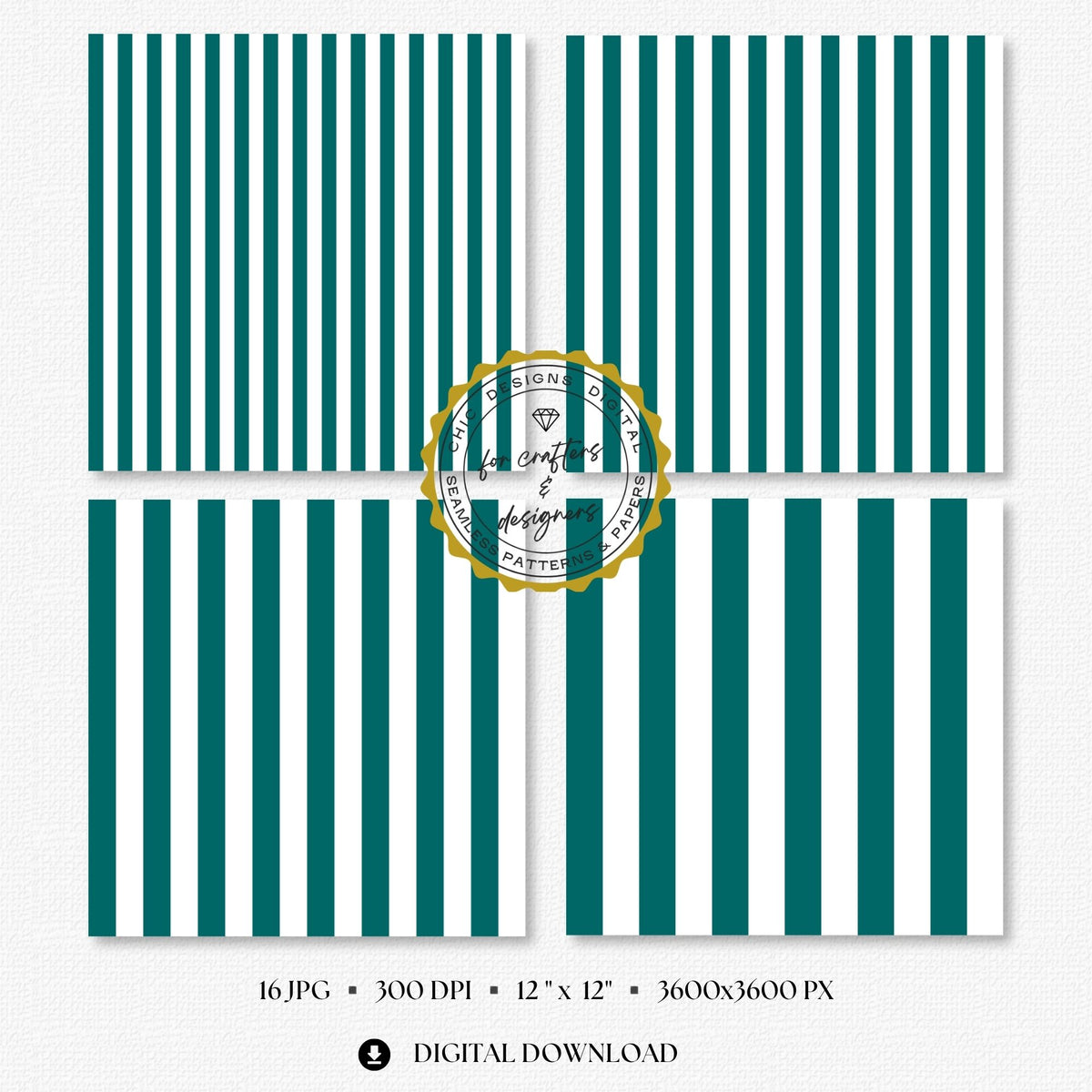 Teal and white diagonal stripe digital papers in varied widths, part of the 16-pattern Essential Stripes seamless paper pack.