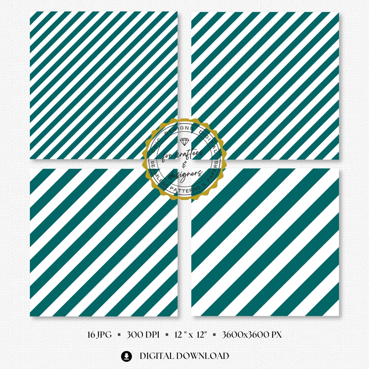 Fine to broad teal stripe patterns with clean white spacing, supplied as seamless 12x12 inch JPG digital papers at 300 DPI.