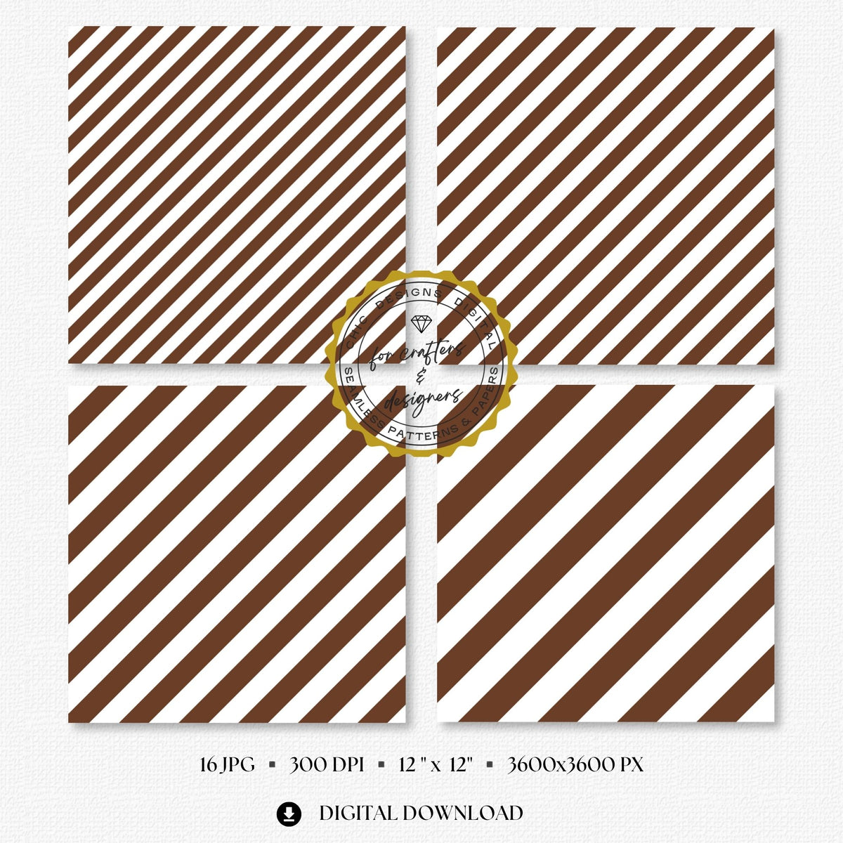 Fine to broad brown stripe patterns with clean white spacing, supplied as seamless 12x12 inch JPG digital papers at 300 DPI.