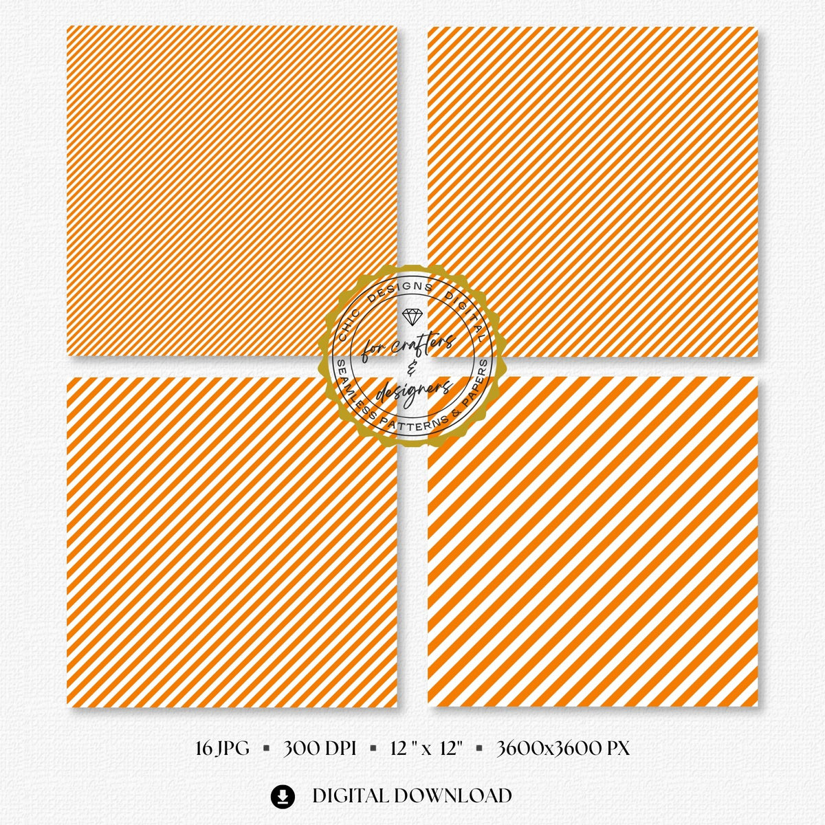 Selection of orange and white seamless stripe backgrounds designed for scrapbooking, card making, planners, labels and printable paper crafts.