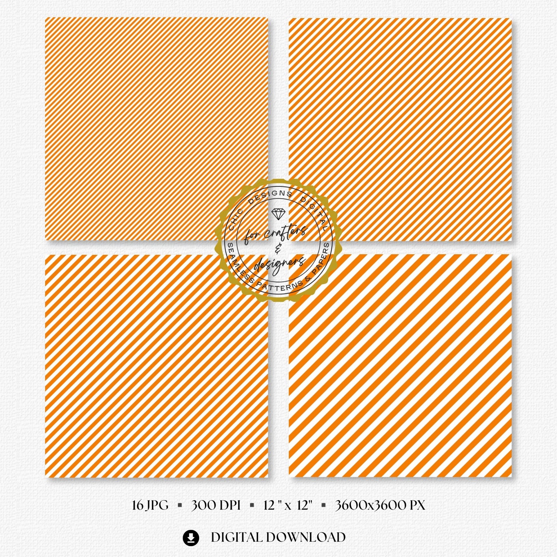Selection of orange and white seamless stripe backgrounds designed for scrapbooking, card making, planners, labels and printable paper crafts.