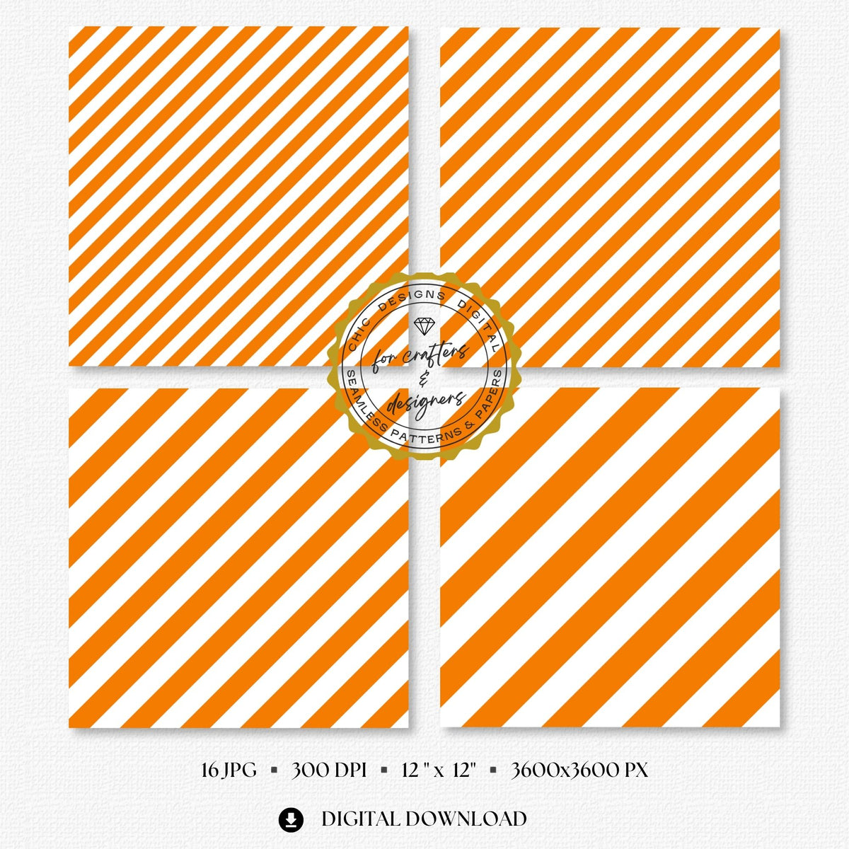 Fine to broad orange stripe patterns with clean white spacing, supplied as seamless 12x12 inch JPG digital papers at 300 DPI.