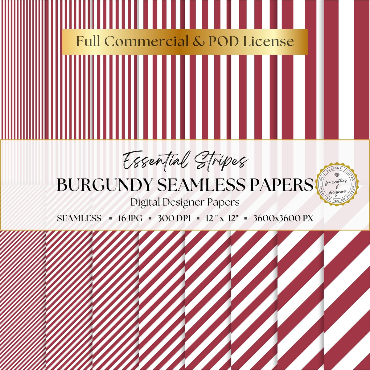 Burgundy and white Essential Stripes digital paper pack with 16 seamless straight and diagonal stripe patterns, 12 x 12 inch 300 DPI JPG files.