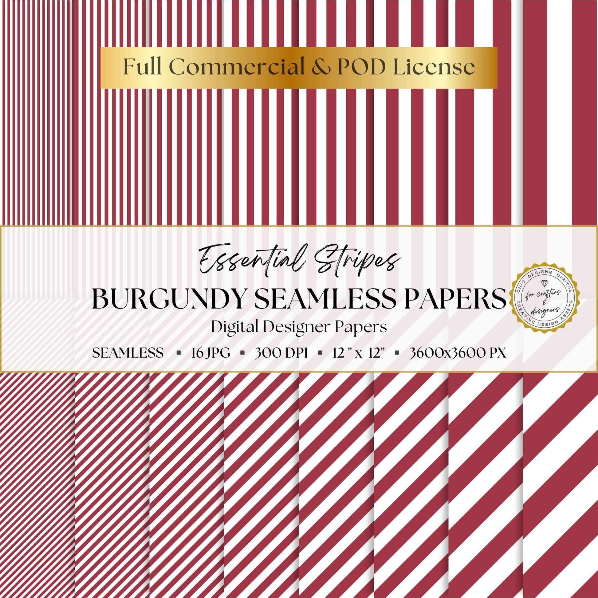 Burgundy and white Essential Stripes digital paper pack with 16 seamless straight and diagonal stripe patterns, 12 x 12 inch 300 DPI JPG files.
