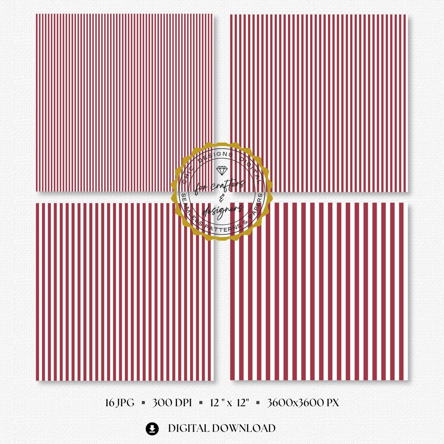 Rich burgundy and white fine straight stripe digital papers in narrow and medium repeating widths.