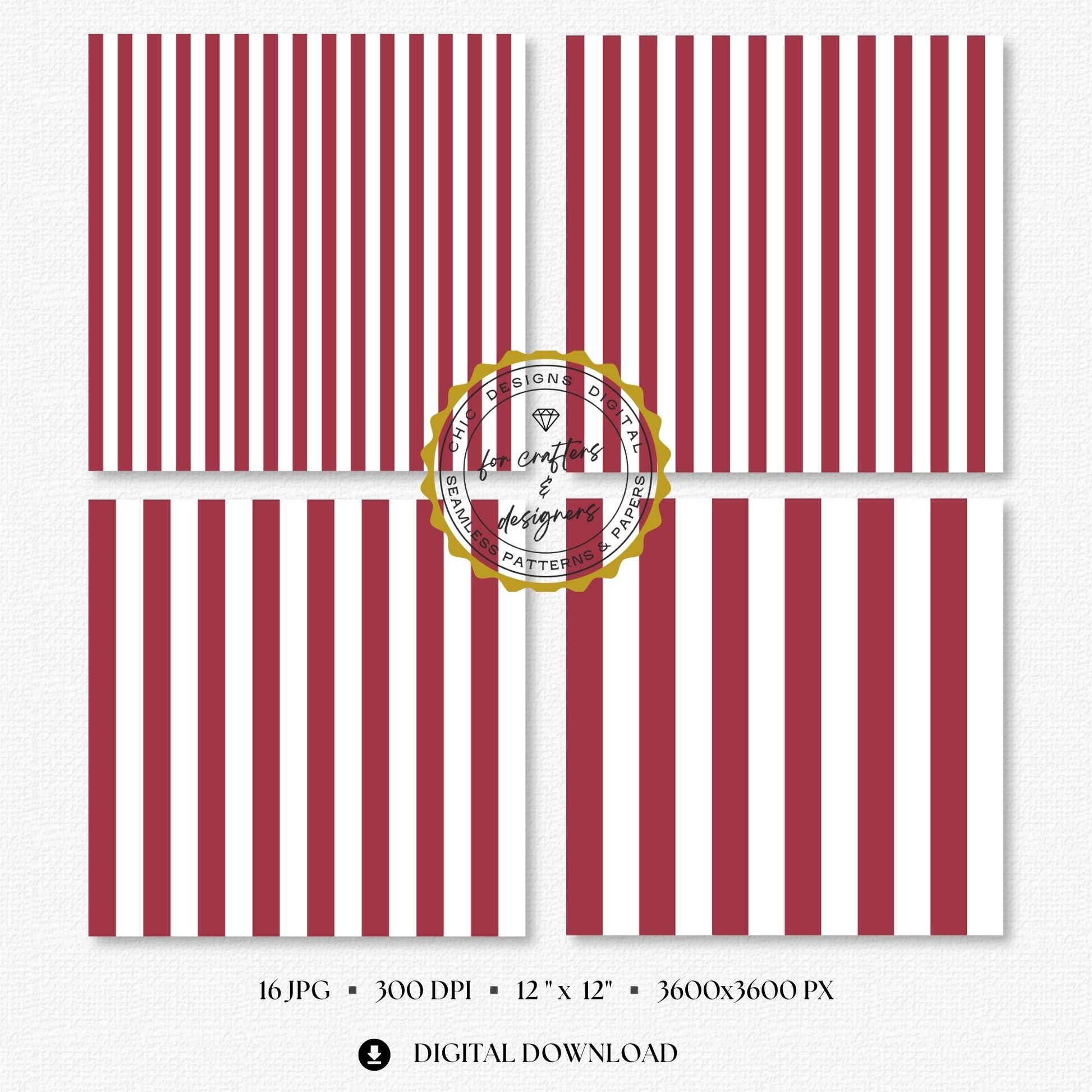 Rich burgundy and white bold straight stripe digital papers with wider repeating bands.