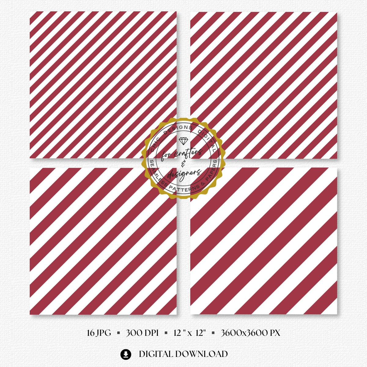Rich burgundy and white bold diagonal stripe digital papers with wider angled bands.