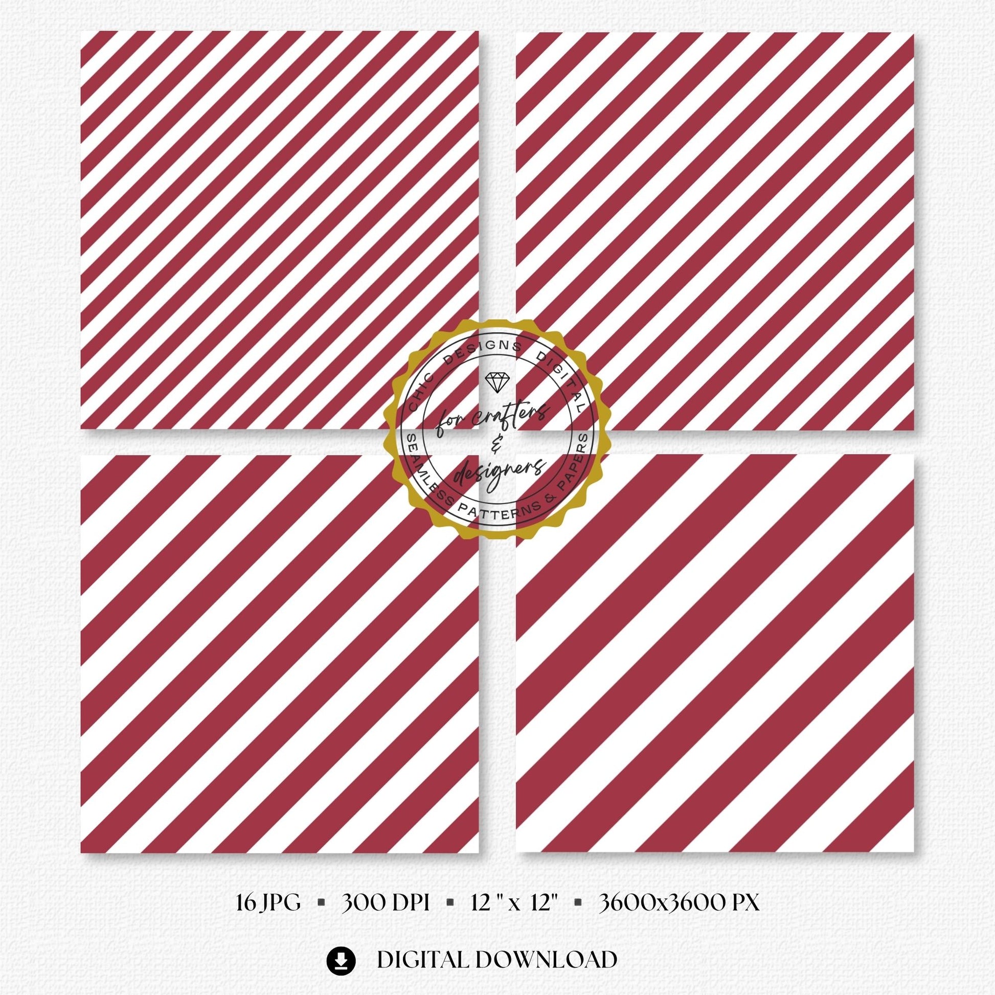 Rich burgundy and white bold diagonal stripe digital papers with wider angled bands.