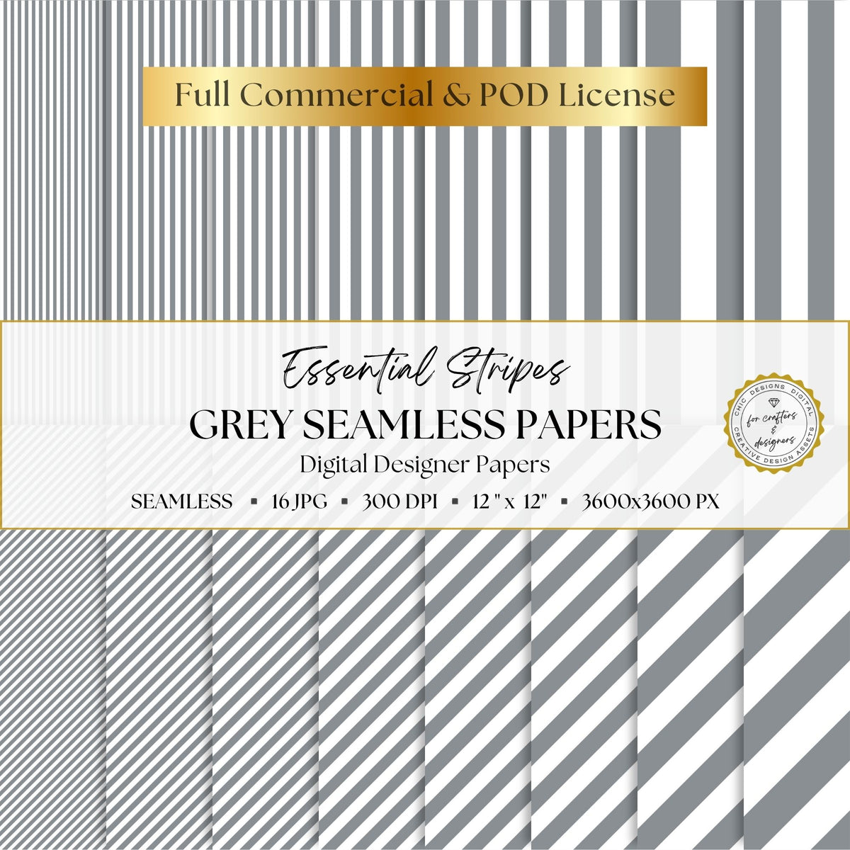 Grey and white Essential Stripes digital paper pack with 16 seamless straight and diagonal stripe patterns, 12 x 12 inch 300 DPI JPG files.