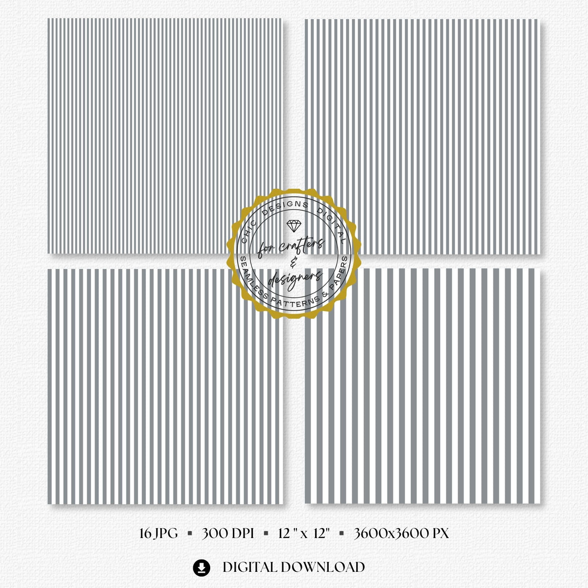 Soft grey and white fine straight stripe digital papers in narrow and medium repeating widths.
