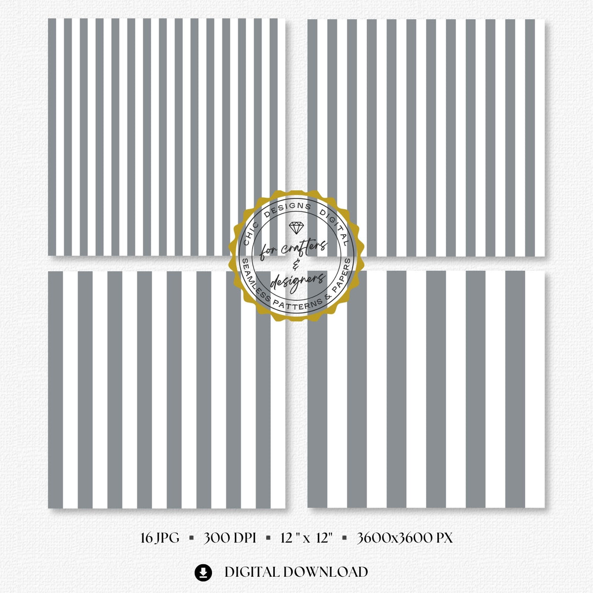 Soft grey and white bold straight stripe digital papers with wider repeating bands.