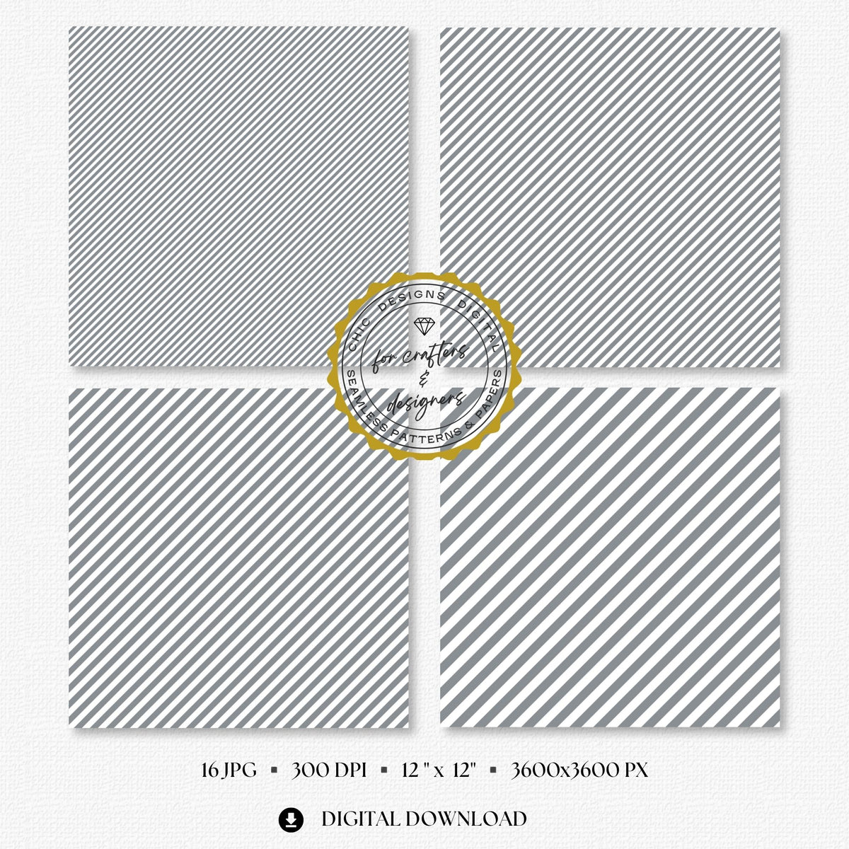 Soft grey and white fine diagonal stripe digital papers in narrow and medium angled widths.