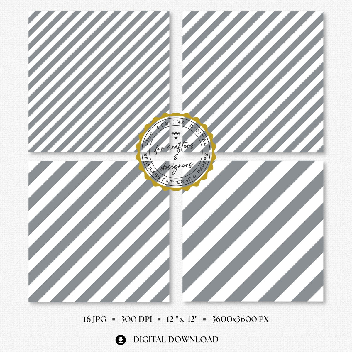 Soft grey and white bold diagonal stripe digital papers with wider angled bands.