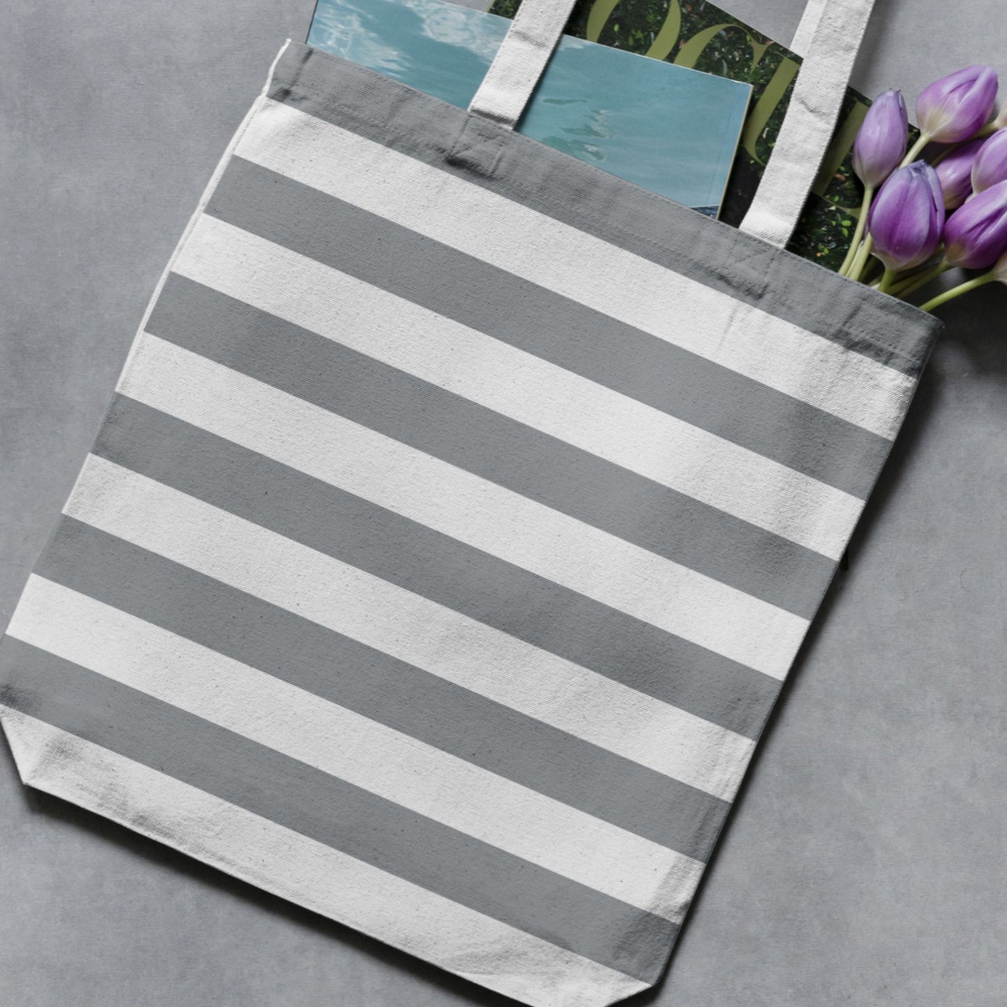 Grey and white striped tote bag as a craft-use example for the seamless stripe paper pack.