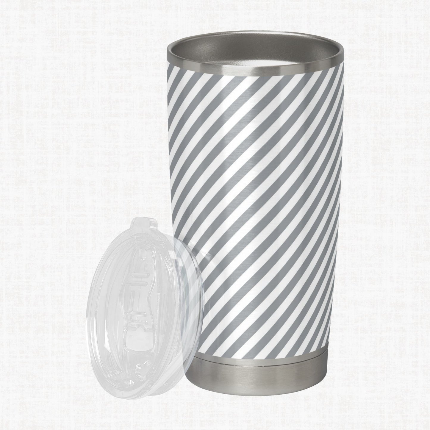 Grey and white striped tumbler as a craft-use example for the seamless stripe paper pack.